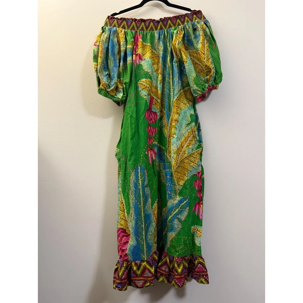 Farm Rio Off The Shoulder Maxi Dress Green Floral Puff Sleeve Button Front M - Picture 7 of 15